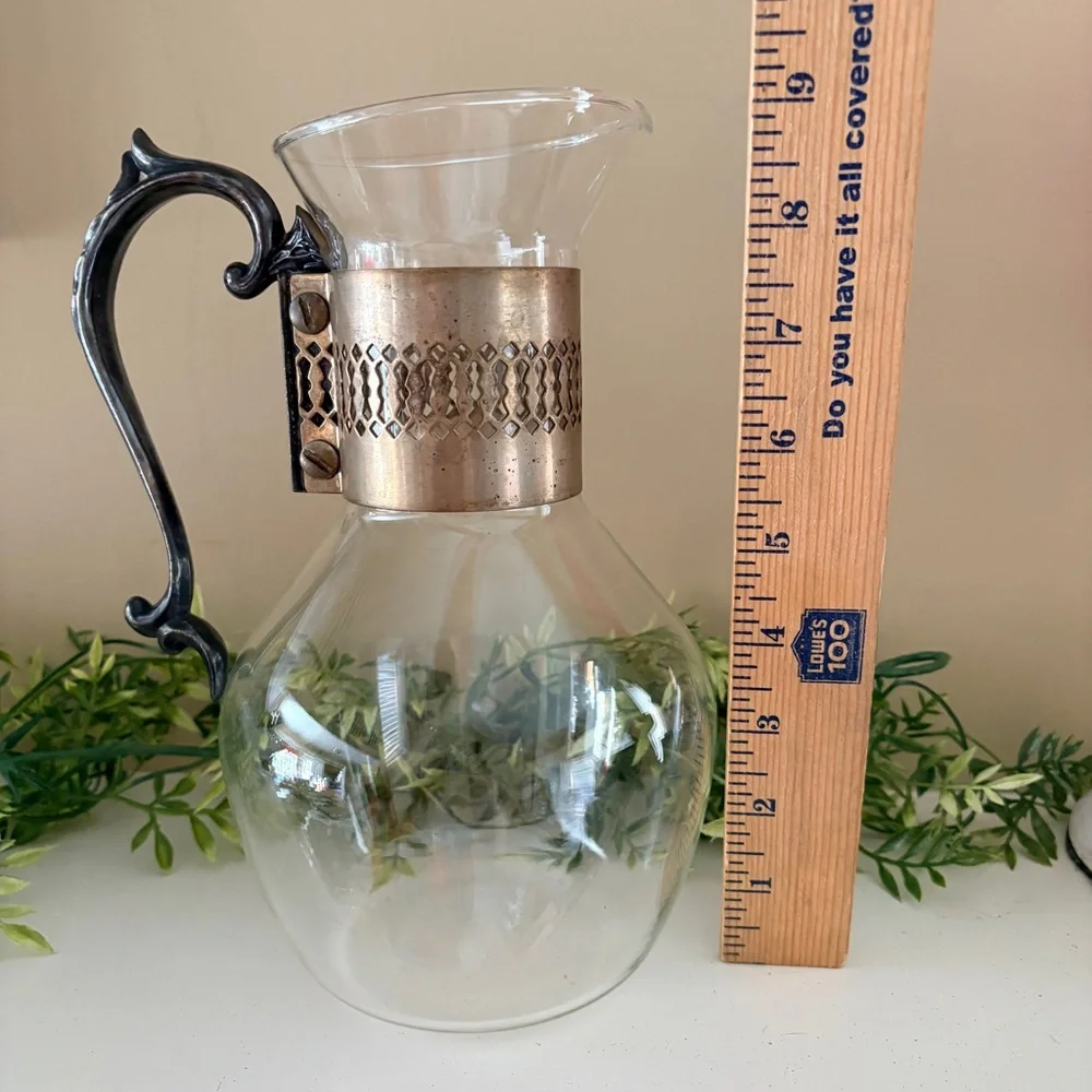 Vintage Corning Glass Coffee or Tea Carafe Pitcher with Metal Collar and Handle